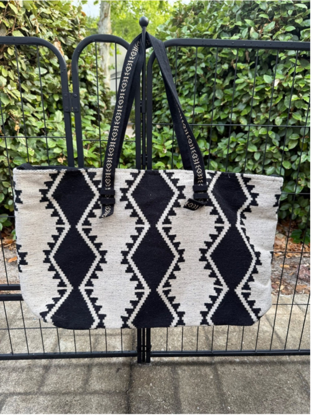 Boho Woven Black and Cream Weekender with Tassel Accents - Picture 5 of 5